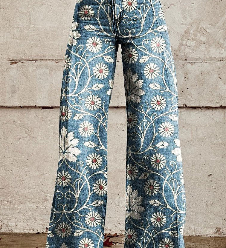 Boho wide-leg trousers in blue denim with white floral and vine print