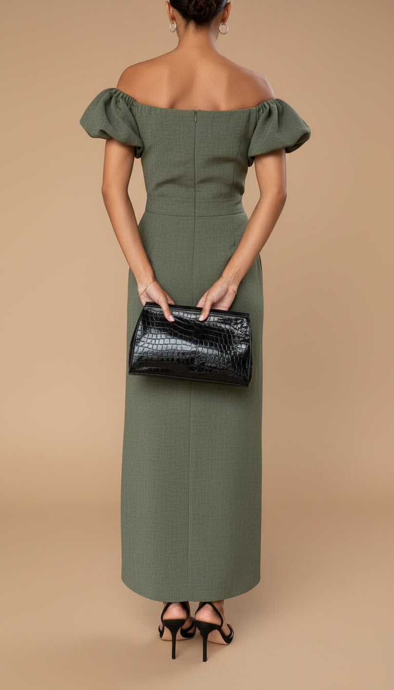 JASMINE off-shoulder midi dress in olive green with puff sleeves and open back design