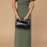 JASMINE off-shoulder midi dress in olive green with puff sleeves and open back design