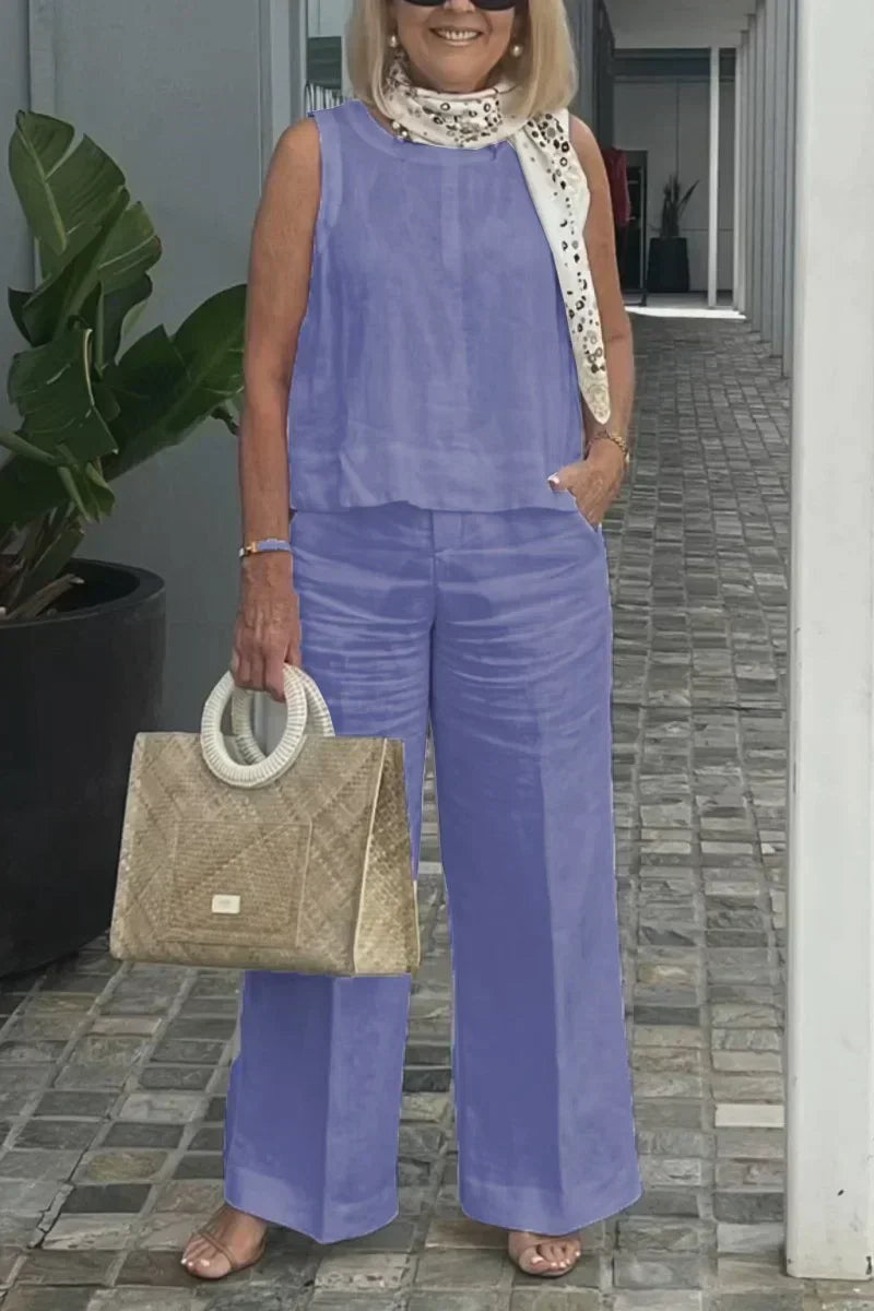 Purple sleeveless cotton-linen top with wide-leg pants