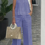 Purple sleeveless cotton-linen top with wide-leg pants