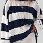 Women’s winter striped knit sweater in white and navy, crew neck, long sleeves