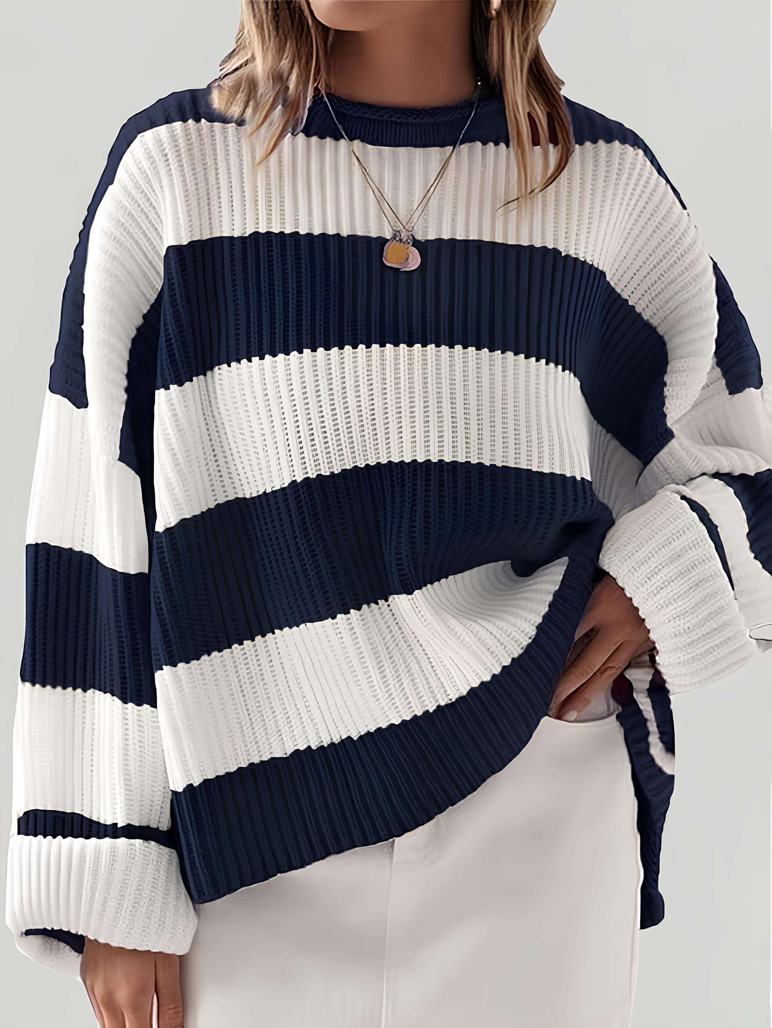 Women’s winter striped knit sweater in white and navy, crew neck, long sleeves