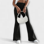 Black ribbed knit high-waist flare pants with long wide legs