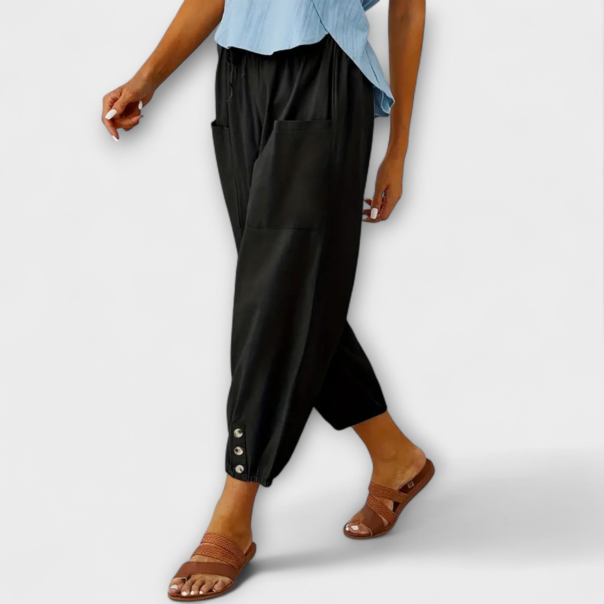 Black harem pants with side pockets and button-tab cuffs, relaxed loose fit