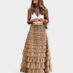 Boho mesh-trim tiered skirt in tan, stacked ruffle tiers with gathered elastic waist