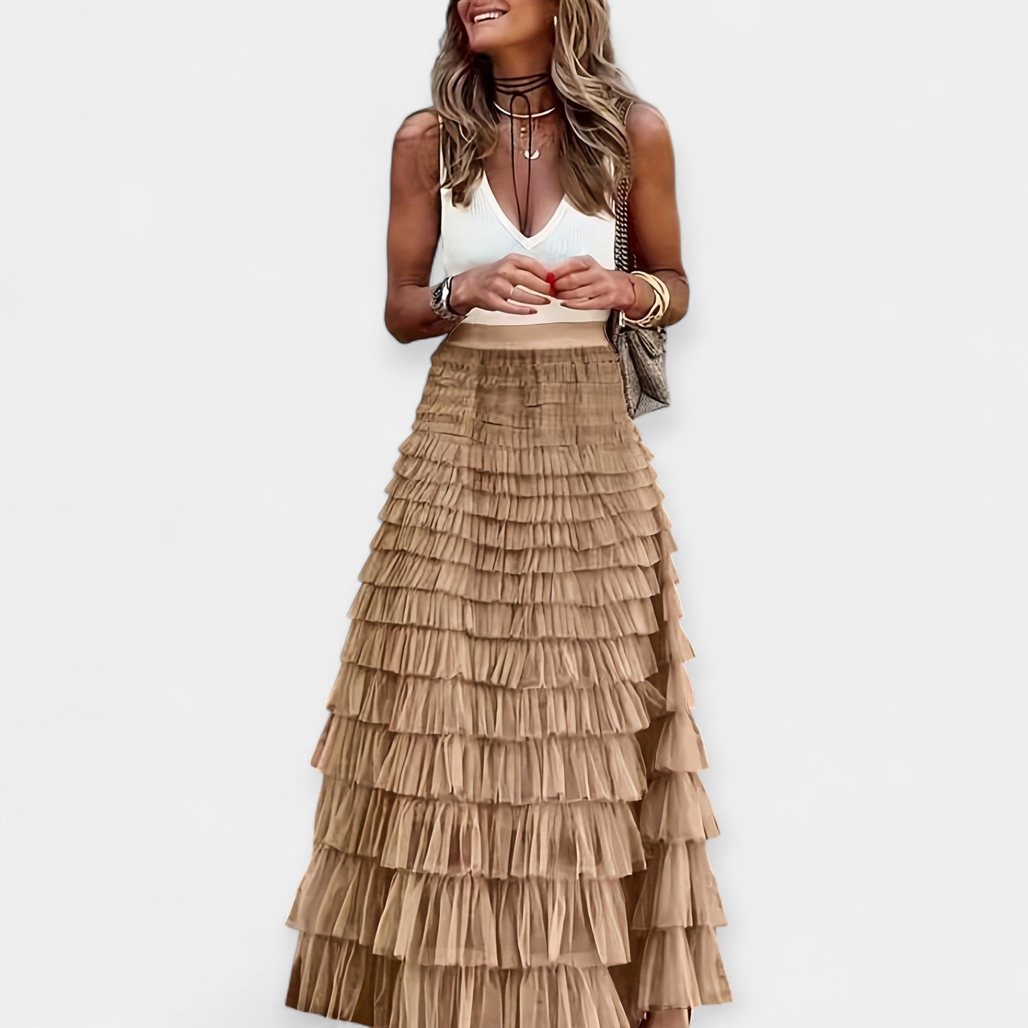 Boho mesh-trim tiered skirt in tan, stacked ruffle tiers with gathered elastic waist