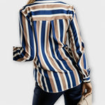 Striped button-up blouse with all-over vertical stripes, back view, long sleeves