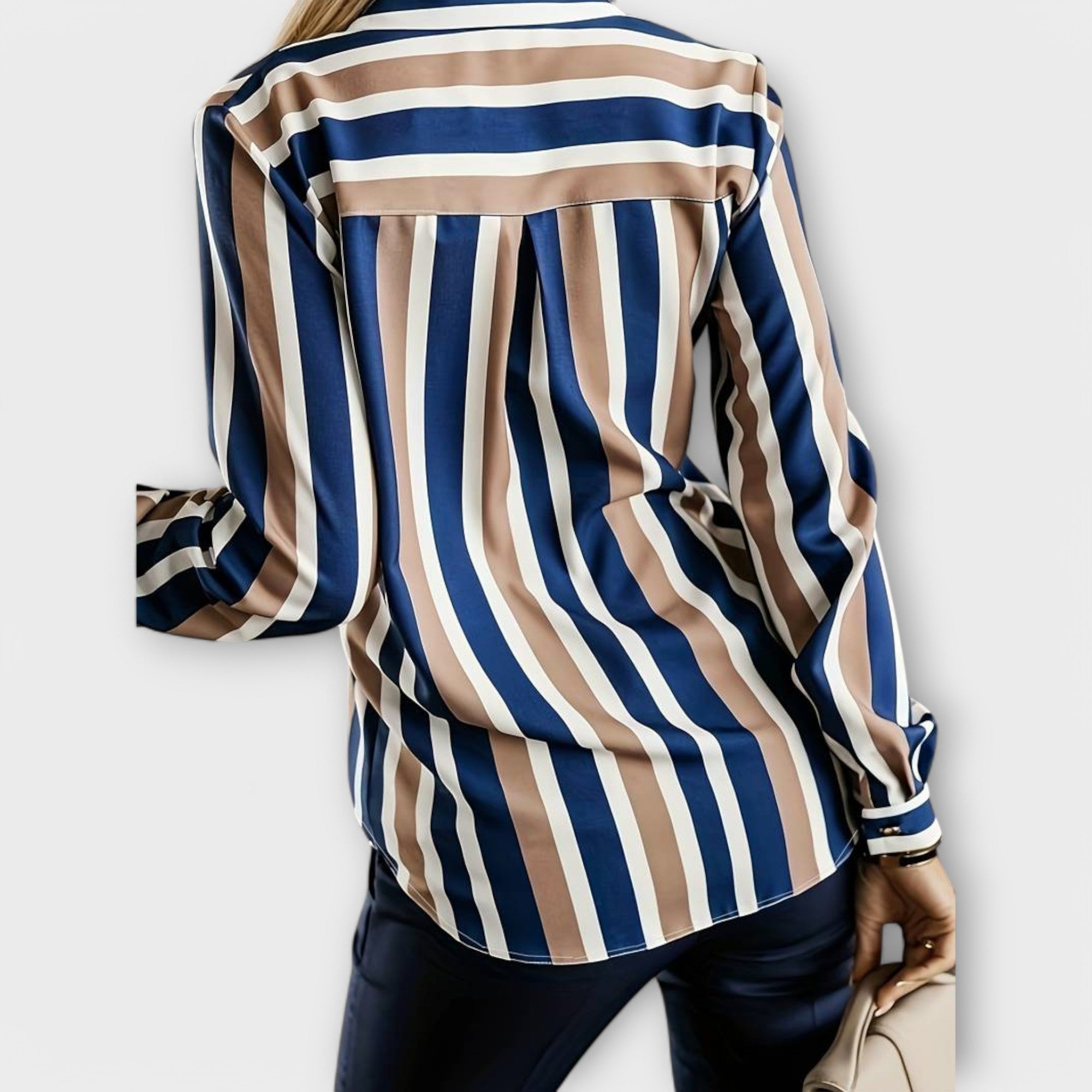 Striped button-up blouse with all-over vertical stripes, back view, long sleeves