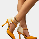 Orange high-heel sandals with ankle strap, chain detail, pointed toe and stiletto heel
