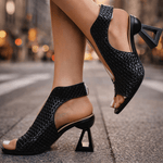 Black woven peep-toe heeled sandals with ankle strap and square block heel