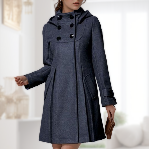 Women’s dark gray hooded coat with double-breasted buttons and side seam pockets
