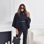 Women's black jacket with flared butterfly sleeves and belted waist peplum