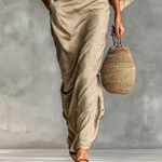 Khaki draped long skirt with long-sleeve top, gathered waist, batwing sleeve