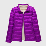 Lightweight puffer jacket, purple, stand collar, full-zip front and quilted panels