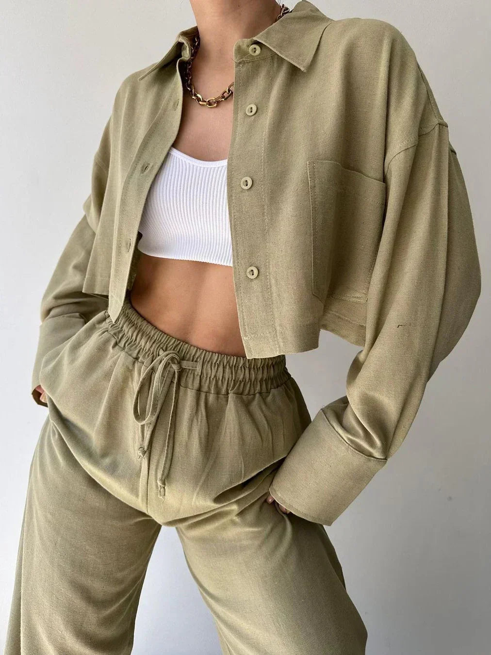 Olive collared button-up jacket and elastic waist drawstring pants set, two-piece