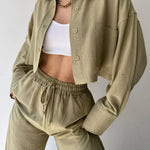 Olive collared button-up jacket and elastic waist drawstring pants set, two-piece