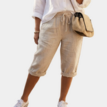 Beatrice cotton drawstring capri shorts, light beige with cuffed hem and pockets