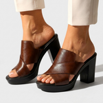 Comfort heeled slide sandals, brown leather straps with black chunky heel and open toe