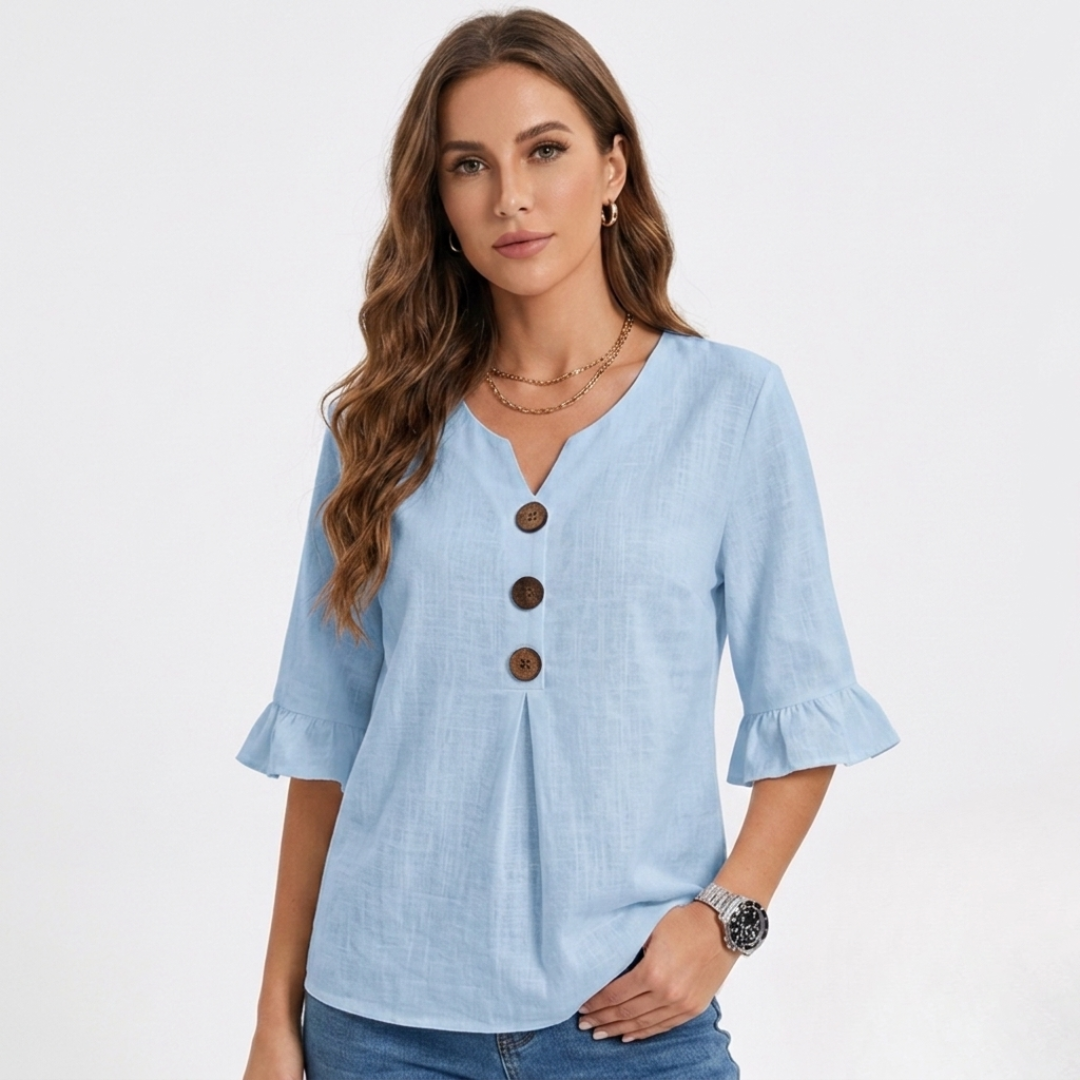 Light blue linen-look blouse with V-neck, three-button front, and flared 3/4 sleeves