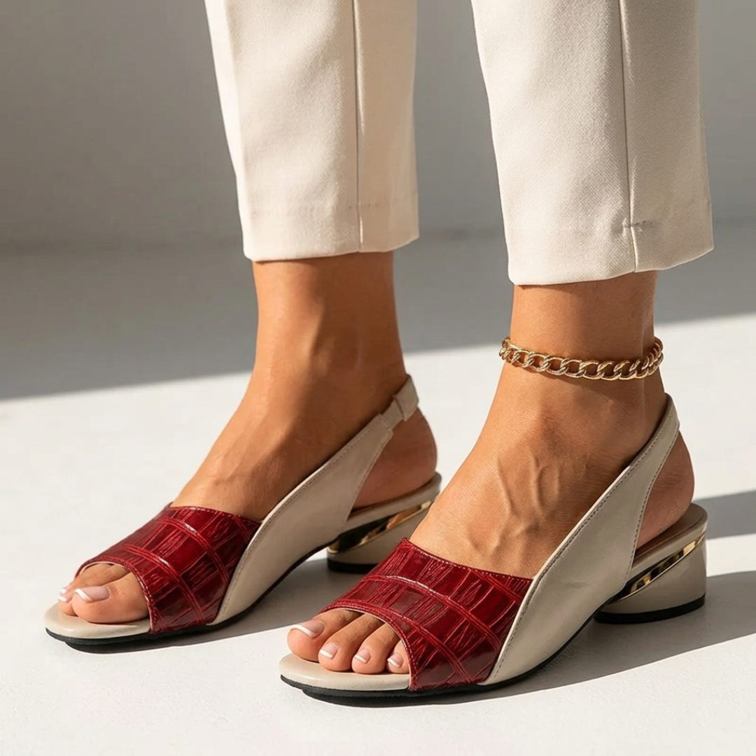 Orthopedic sandal, red faux-croc upper, open toe, beige straps, chain ankle cuff