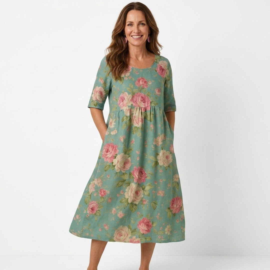 Casual midi dress in dusty green with pink rose floral print, half sleeves, gathered waist