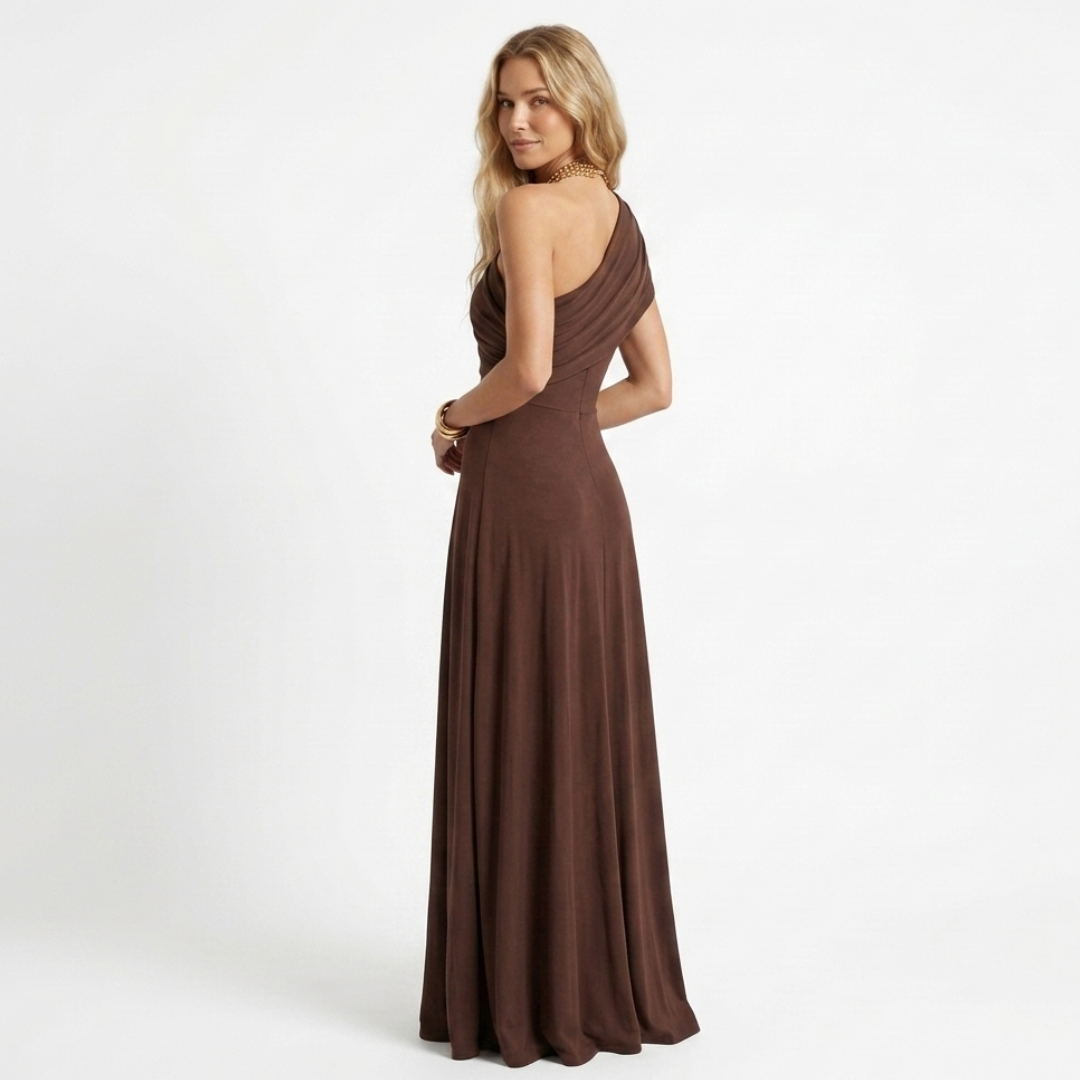 Side profile one-shoulder draped long dress, dark brown sleeveless maxi skirt