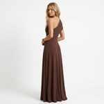 Side profile one-shoulder draped long dress, dark brown sleeveless maxi skirt