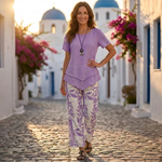 Lilac short-sleeve blouse with layered hem and matching leaf-pattern pants