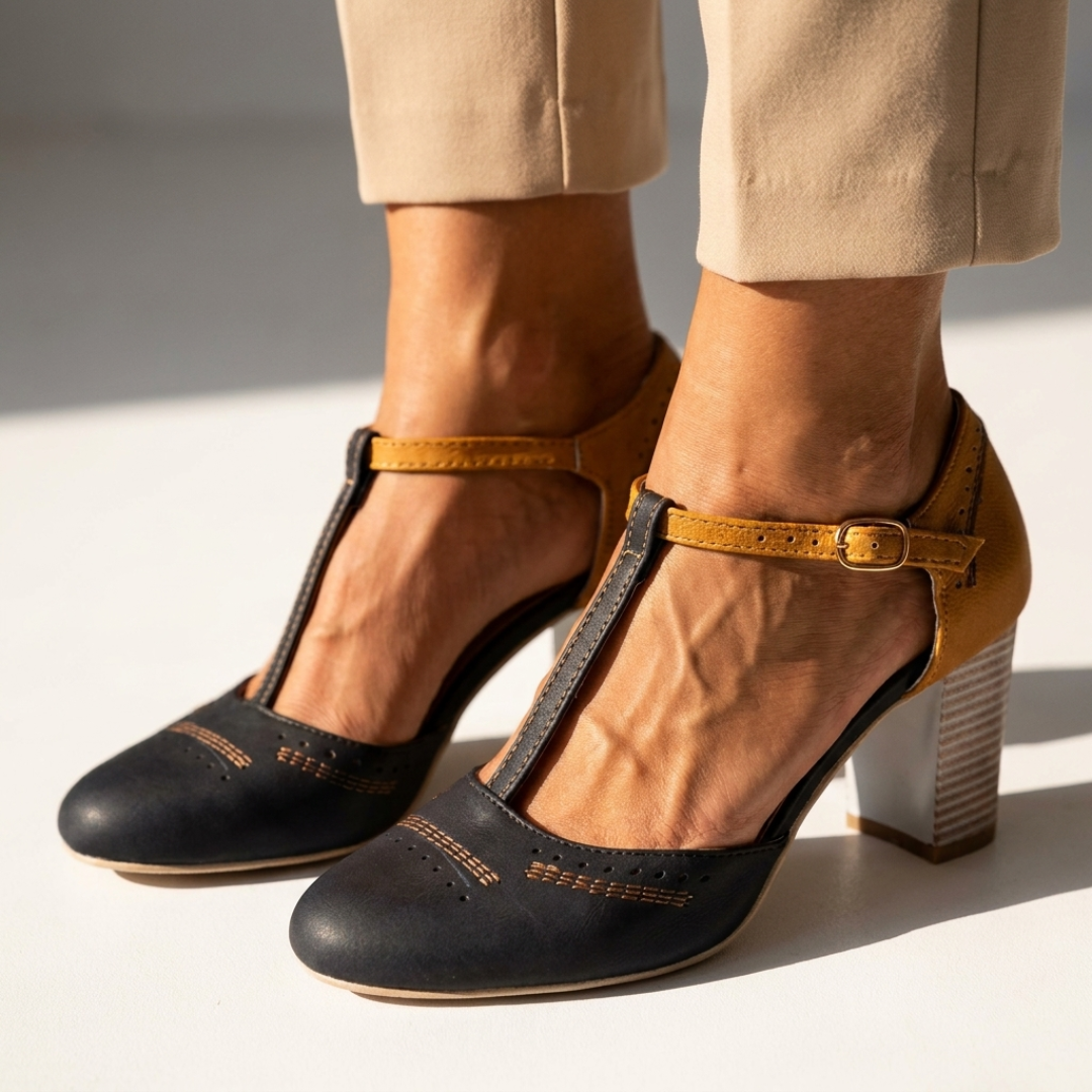 Two-tone high-heel T-strap shoes with buckle strap, dark blue with tan trim