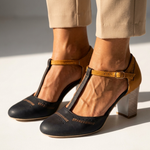 Two-tone high-heel T-strap shoes with buckle strap, dark blue with tan trim