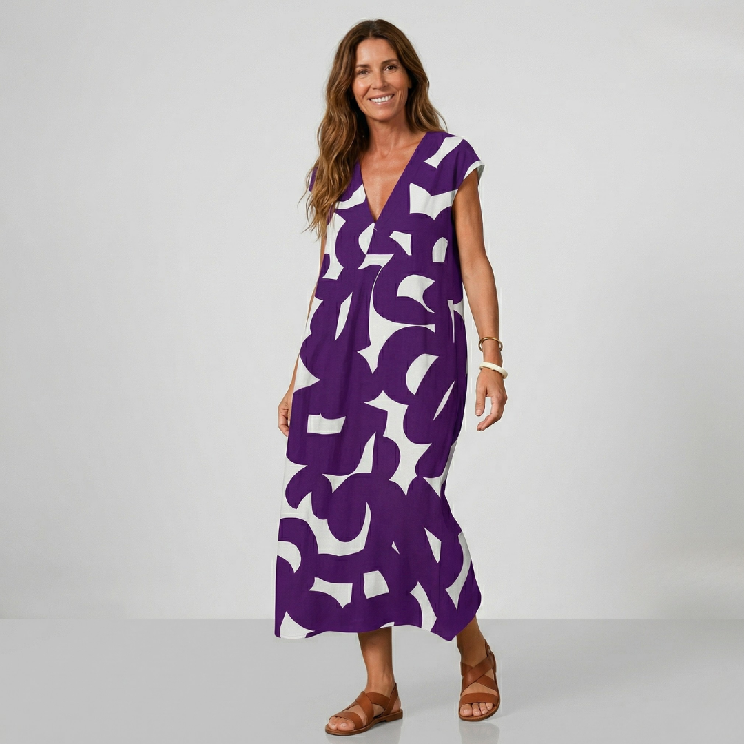 Purple and white abstract print midi dress with V-neck and short sleeves