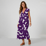 Purple and white abstract print midi dress with V-neck and short sleeves