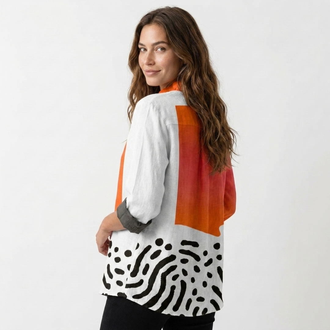 Linen blouse with orange and gray sleeves, back yoke and zebra print hem panel