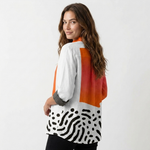 Linen blouse with orange and gray sleeves, back yoke and zebra print hem panel