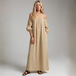 Beige off-shoulder striped maxi dress with billowy sleeves and full-length skirt