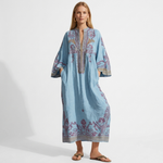 Bogdana boho embroidered dress in light blue with blue-purple floral yoke and hem border