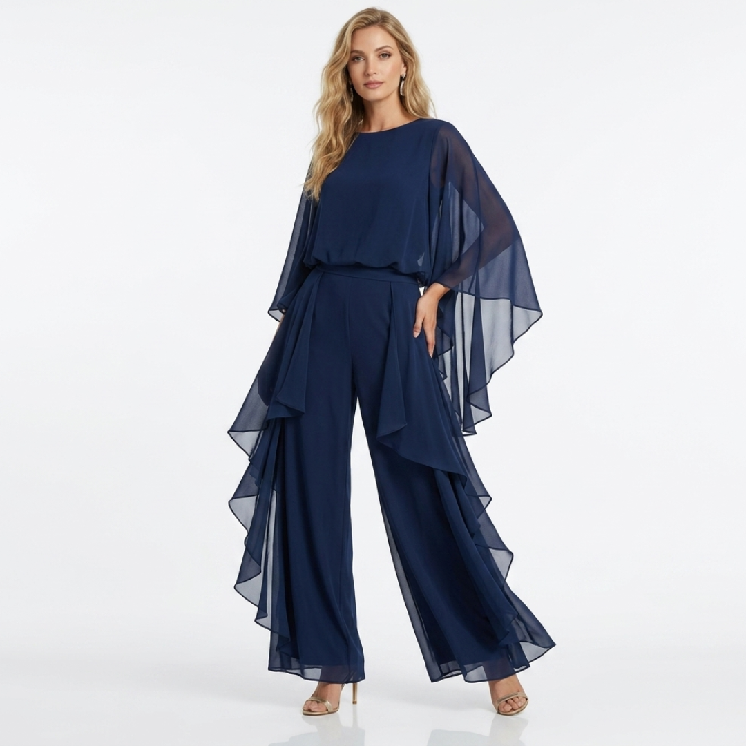 Dark navy chiffon two-piece set with layered cape sleeves and wide-leg palazzo pants
