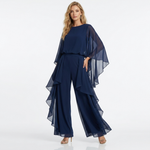 Dark navy chiffon two-piece set with layered cape sleeves and wide-leg palazzo pants