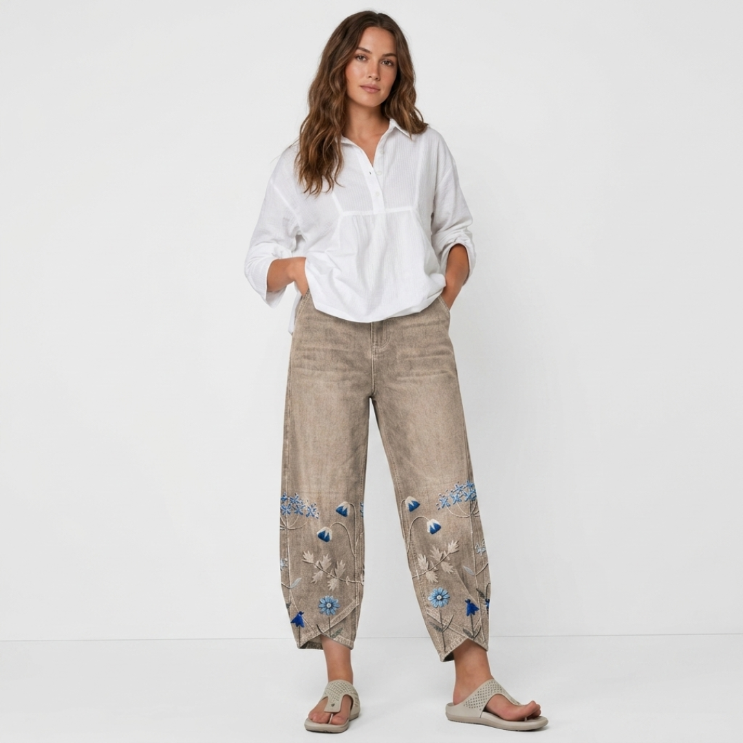 Gray casual embroidered trousers with floral and butterfly hem embroidery