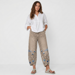 Gray casual embroidered trousers with floral and butterfly hem embroidery