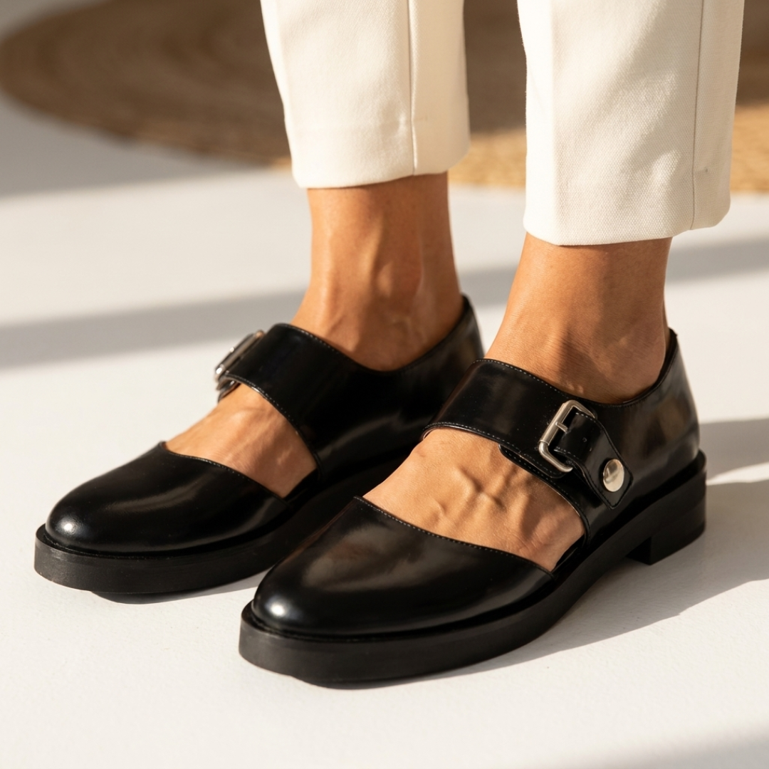 Black Mary Jane flats with adjustable buckle strap and low block heel
