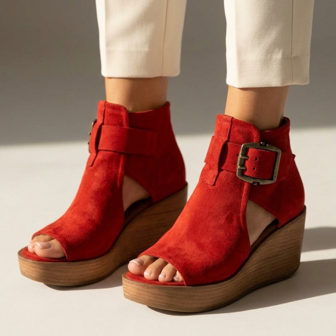 Red suede ankle-boot style wedge sandals with open toe and buckle strap