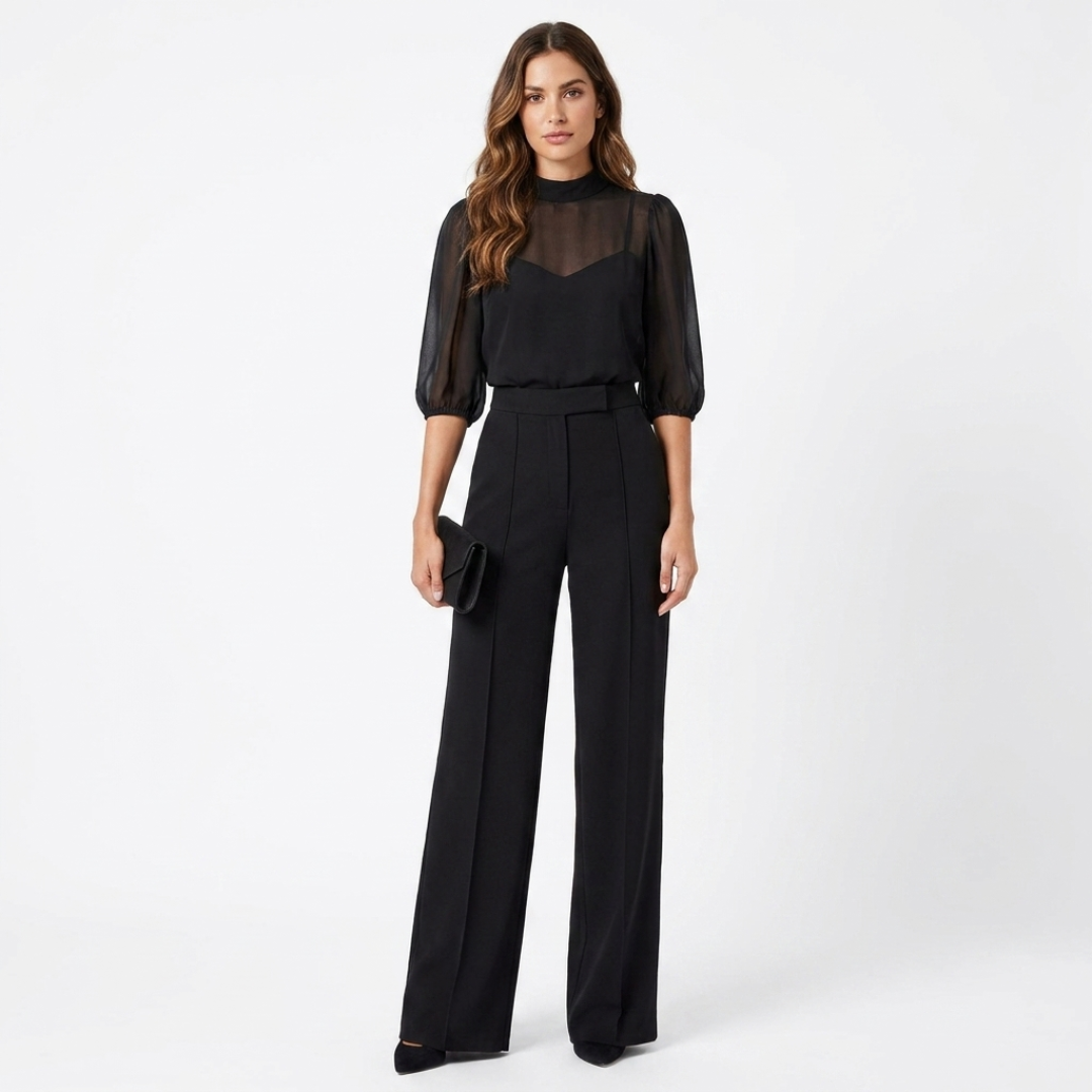 Raluca 3-piece set: black sheer puff-sleeve top and high-waist wide-leg pants with belt