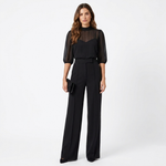 Raluca 3-piece set: black sheer puff-sleeve top and high-waist wide-leg pants with belt