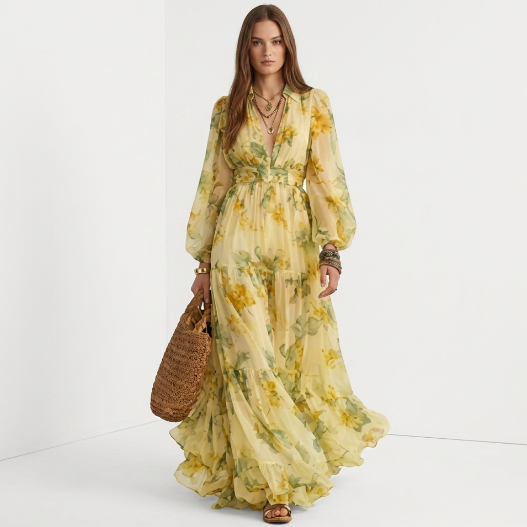 Plus size floral maxi dress, V-neck, long balloon sleeves, tiered ruffle skirt, yellow-green