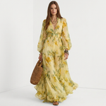 Plus size floral maxi dress, V-neck, long balloon sleeves, tiered ruffle skirt, yellow-green