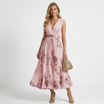Floral print sleeveless V-neck maxi dress in blush pink with dark pink abstract blooms