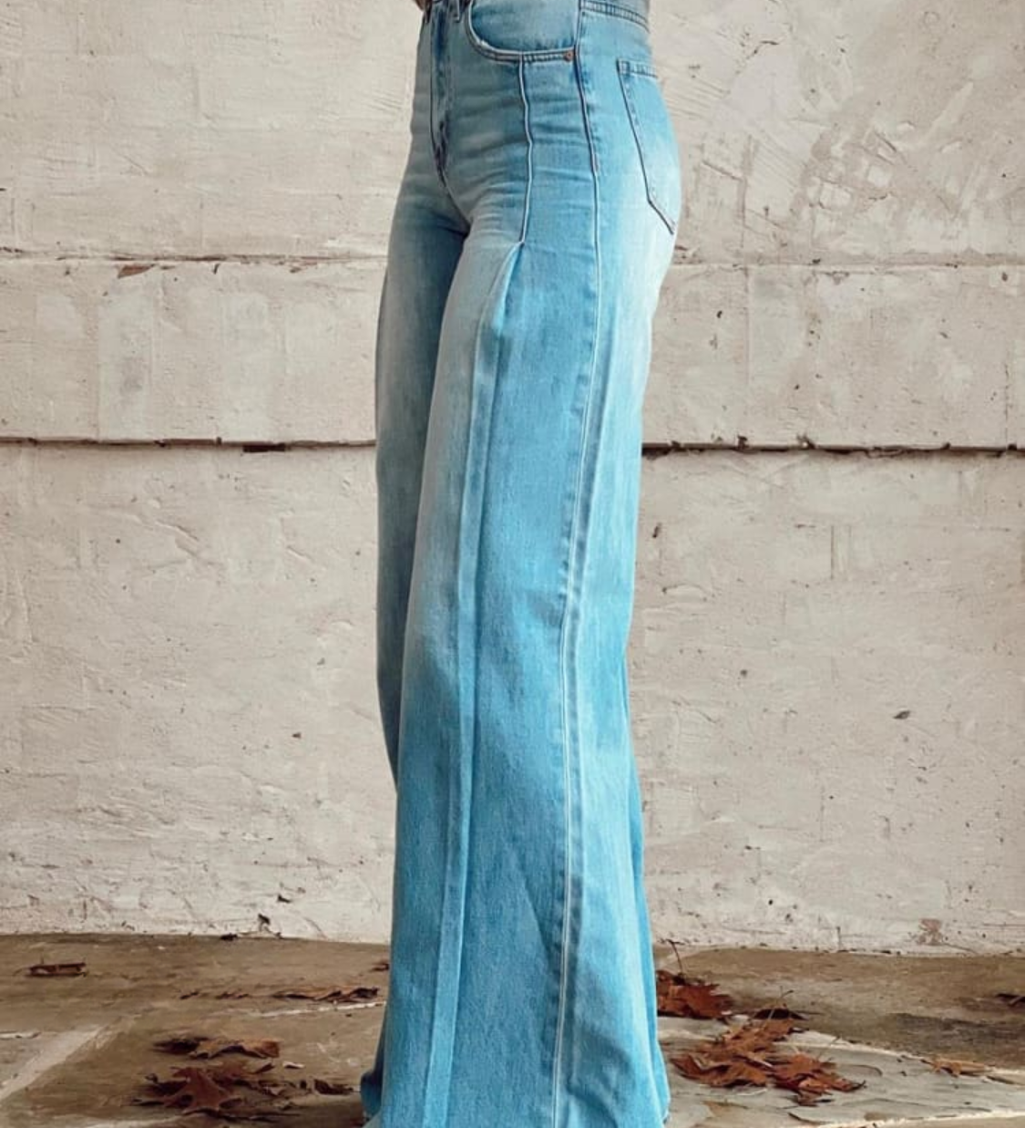 Light blue wide-leg denim pants with high waist, belt loops, button fly