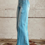 Light blue wide-leg denim pants with high waist, belt loops, button fly